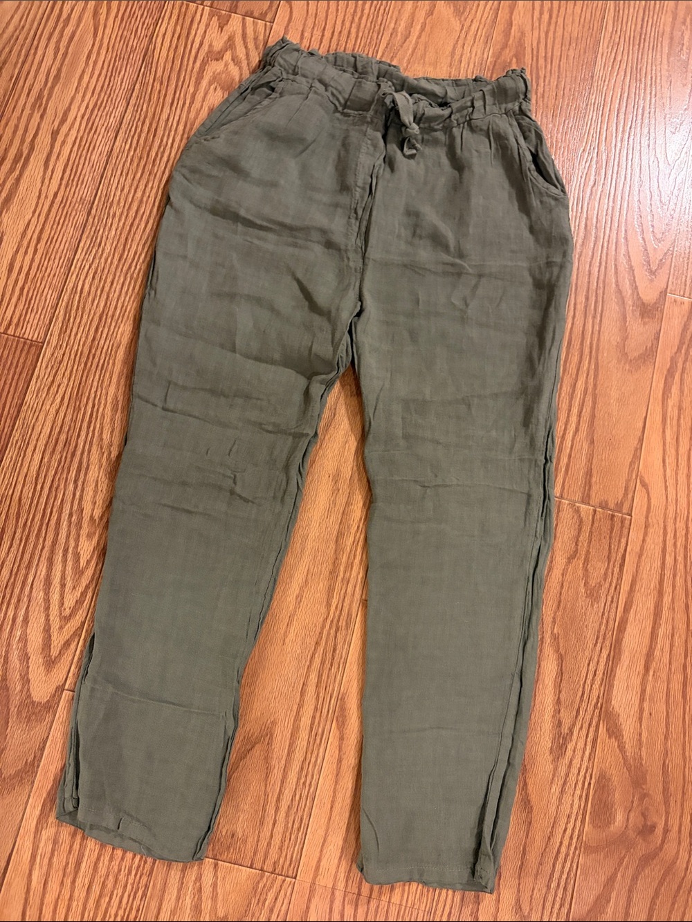 100% Linen pants green elastic waistband pull on drawstring boho beach